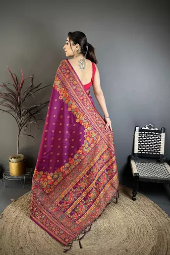 Burgundy pashmina silk meenakari weaving madhubani design kashmiri saree