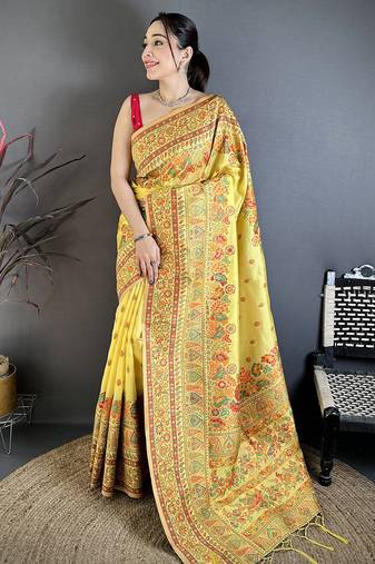 Yellow pashmina silk meenakari weaving madhubani design kashmiri saree