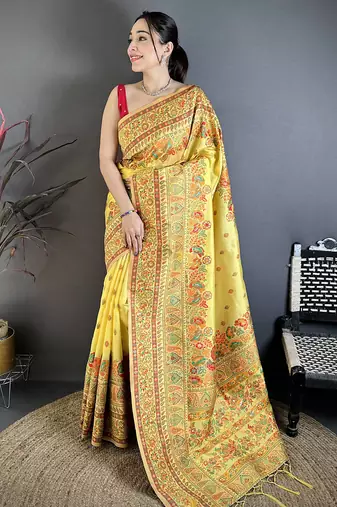 Yellow pashmina silk meenakari weaving madhubani design kashmiri saree