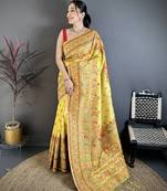 Yellow pashmina silk meenakari weaving madhubani design kashmiri saree