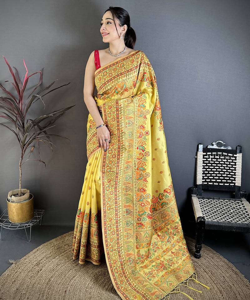 Yellow pashmina silk meenakari weaving madhubani design kashmiri saree