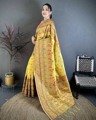 Yellow pashmina silk meenakari weaving madhubani design kashmiri saree 2