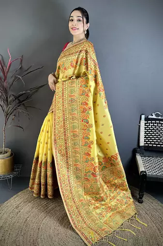 Yellow pashmina silk meenakari weaving madhubani design kashmiri saree