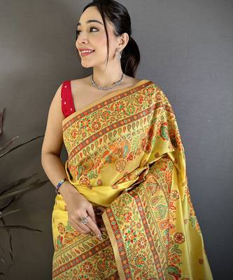 Yellow pashmina silk meenakari weaving madhubani design kashmiri saree 3