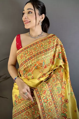 Yellow pashmina silk meenakari weaving madhubani design kashmiri saree
