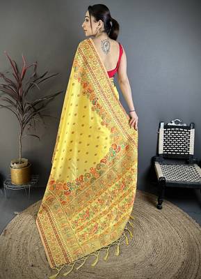Yellow pashmina silk meenakari weaving madhubani design kashmiri saree 4