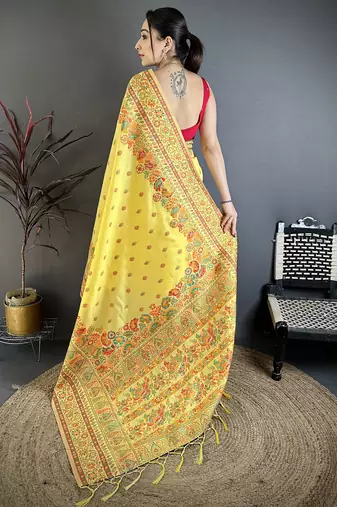 Yellow pashmina silk meenakari weaving madhubani design kashmiri saree
