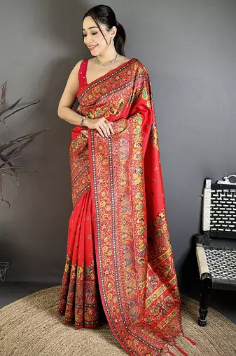 Red pashmina silk meenakari weaving madhubani design kashmiri saree