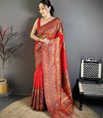 Red pashmina silk meenakari weaving madhubani design kashmiri saree