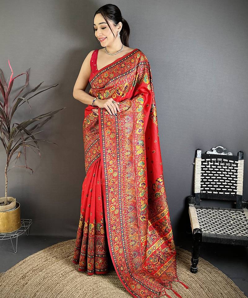 Red pashmina silk meenakari weaving madhubani design kashmiri saree