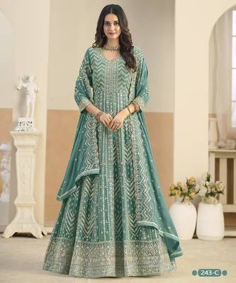 Turquoise faux georgette anarkali suit with embrodery  1