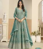 Turquoise faux georgette semi stitched anarkali suit with embrodery work