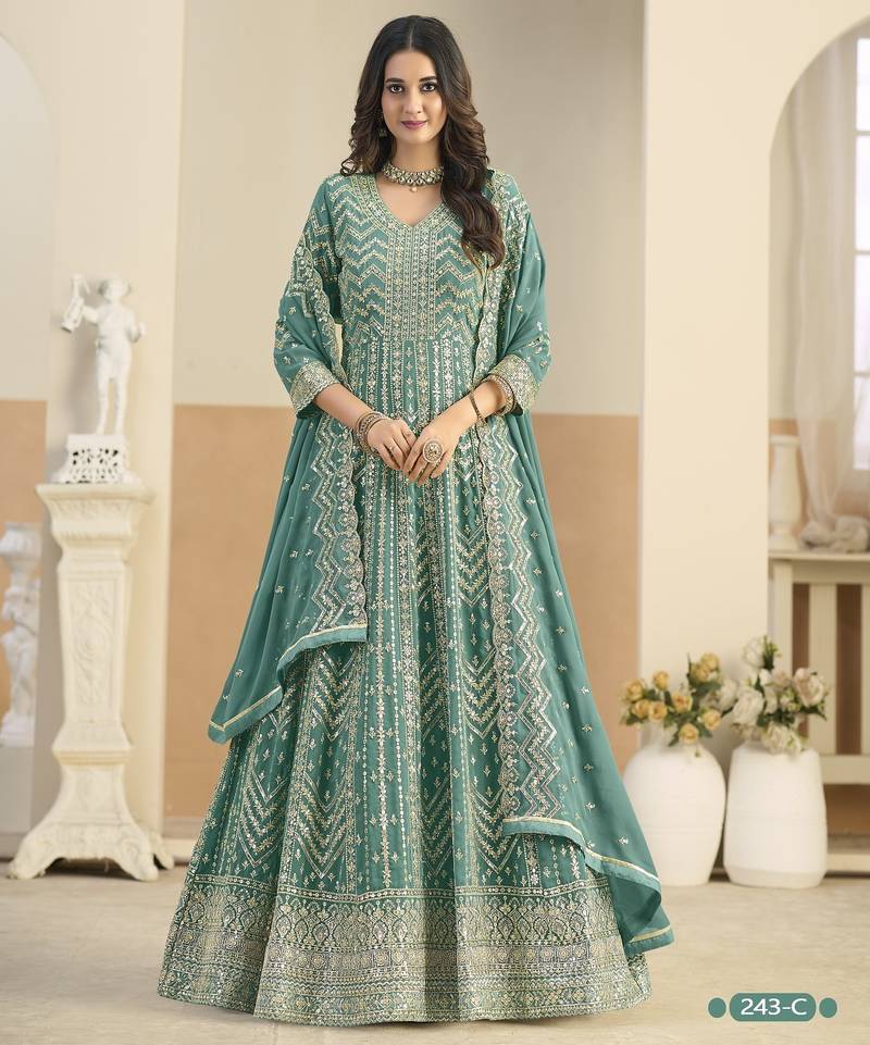 Turquoise faux georgette semi stitched anarkali suit with embrodery work