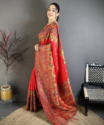 Red pashmina silk meenakari weaving madhubani design kashmiri saree 2