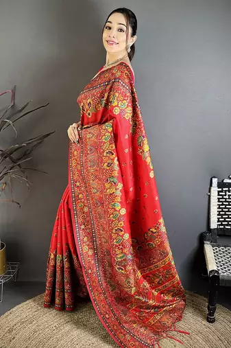 Red pashmina silk meenakari weaving madhubani design kashmiri saree