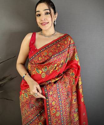 Red pashmina silk meenakari weaving madhubani design kashmiri saree 3