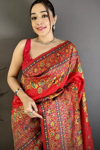 Red pashmina silk meenakari weaving madhubani design kashmiri saree
