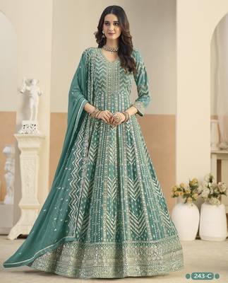 Turquoise faux georgette anarkali suit with embrodery  2
