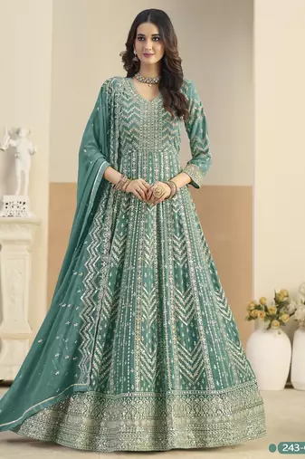 Turquoise faux georgette anarkali suit with embrodery 