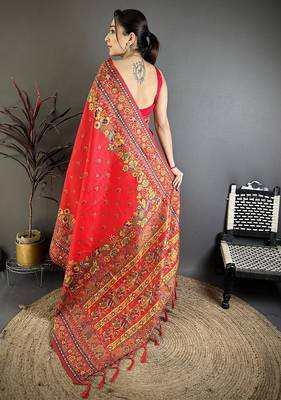 Red pashmina silk meenakari weaving madhubani design kashmiri saree 4