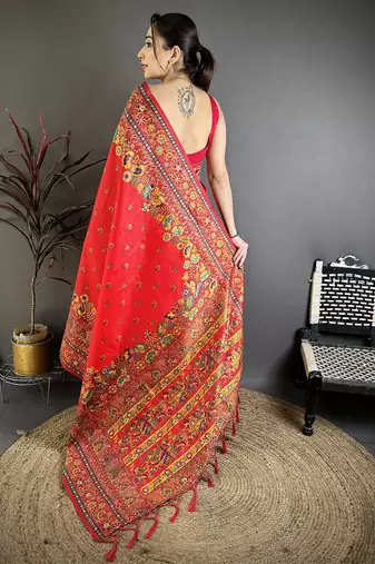 Red pashmina silk meenakari weaving madhubani design kashmiri saree