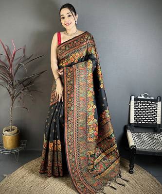Black pashmina silk meenakari weaving madhubani design kashmiri saree 1