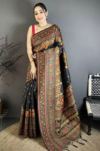 Black pashmina silk meenakari weaving madhubani design kashmiri saree