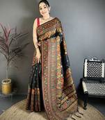 Black pashmina silk meenakari weaving madhubani design kashmiri saree
