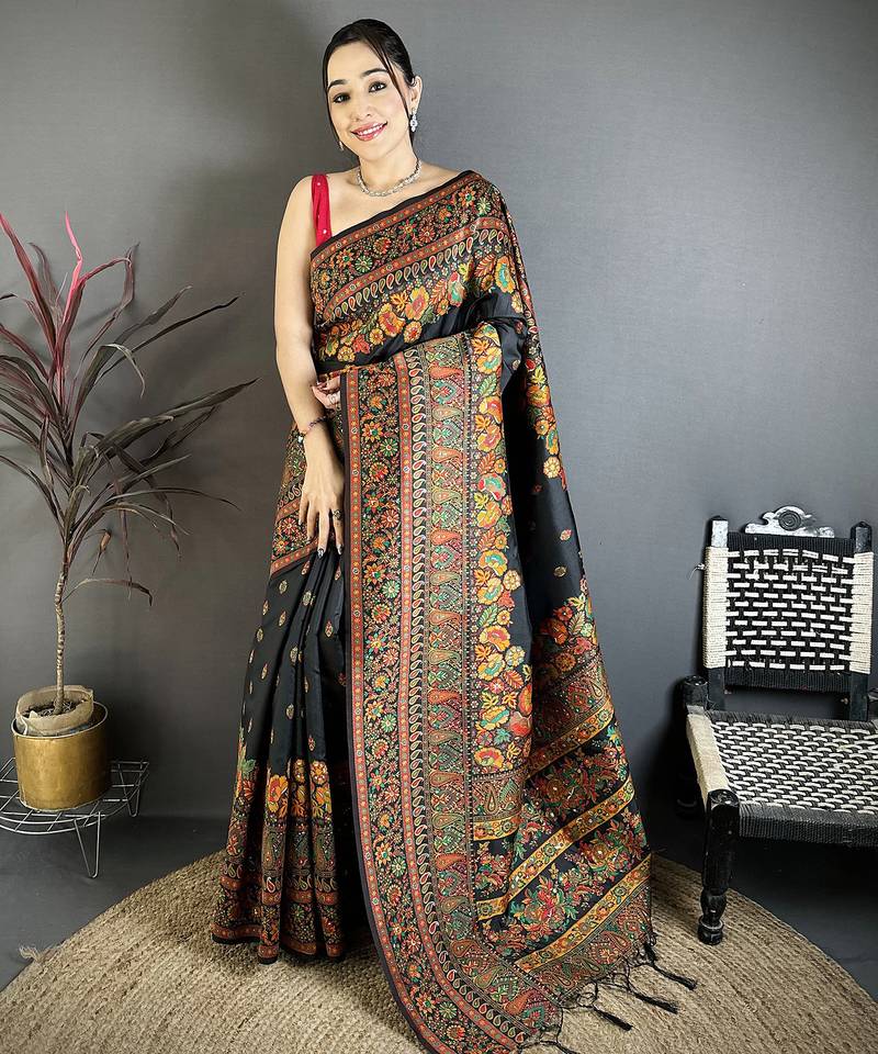 Black pashmina silk meenakari weaving madhubani design kashmiri saree