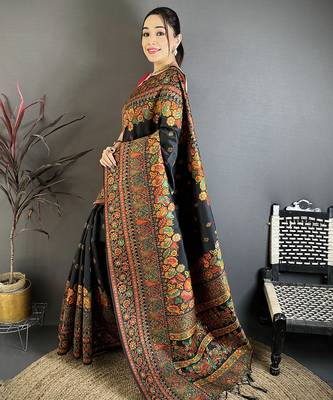 Black pashmina silk meenakari weaving madhubani design kashmiri saree 2
