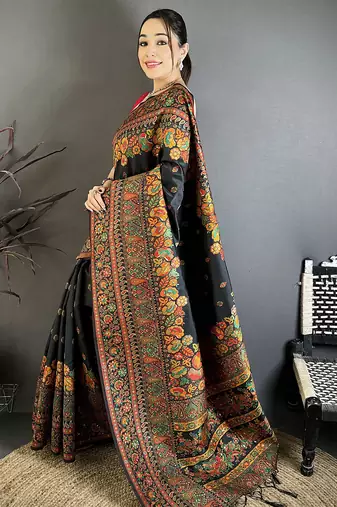 Black pashmina silk meenakari weaving madhubani design kashmiri saree