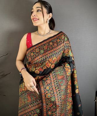Black pashmina silk meenakari weaving madhubani design kashmiri saree 3