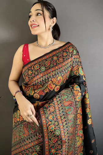 Black pashmina silk meenakari weaving madhubani design kashmiri saree