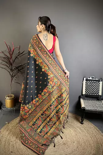 Black pashmina silk meenakari weaving madhubani design kashmiri saree