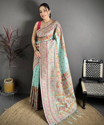 Sky blue pashmina silk meenakari weaving madhubani design kashmiri saree 1