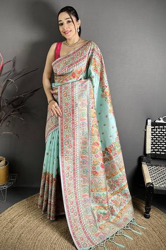Sky blue pashmina silk meenakari weaving madhubani design kashmiri saree