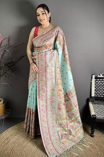 Sky blue pashmina silk meenakari weaving madhubani design kashmiri saree
