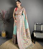 Sky blue pashmina silk meenakari weaving madhubani design kashmiri saree