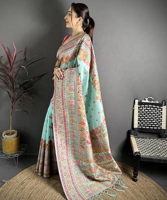 Sky blue pashmina silk meenakari weaving madhubani design kashmiri saree 2