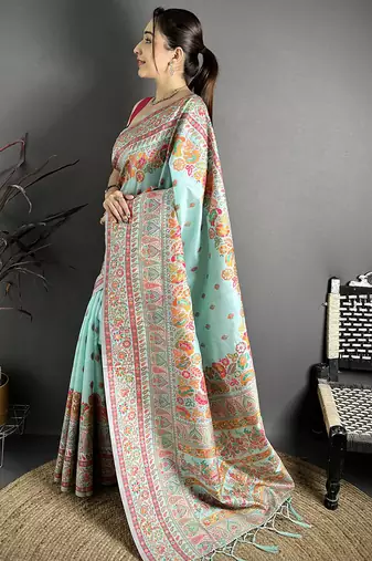 Sky blue pashmina silk meenakari weaving madhubani design kashmiri saree
