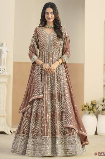 Brown faux georgette semi stitched anarkali suit with embrodery work