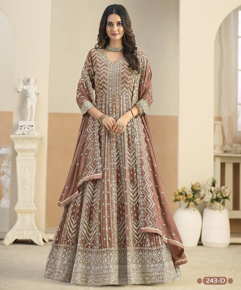 Brown faux georgette semi stitched anarkali suit with embrodery work