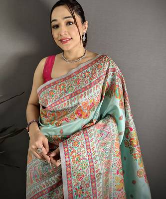 Sky blue pashmina silk meenakari weaving madhubani design kashmiri saree 3
