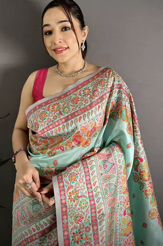Sky blue pashmina silk meenakari weaving madhubani design kashmiri saree