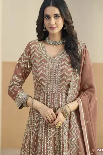 Brown faux georgette anarkali suit with embrodery 