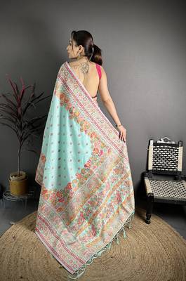 Sky blue pashmina silk meenakari weaving madhubani design kashmiri saree 4