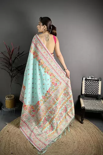 Sky blue pashmina silk meenakari weaving madhubani design kashmiri saree