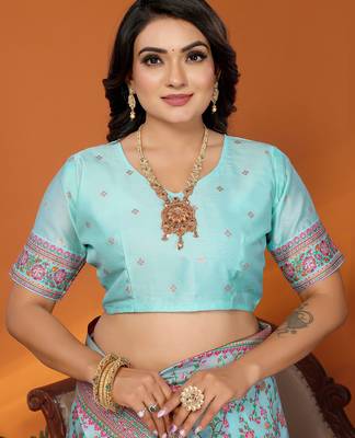 Sky blue pashmina silk meenakari weaving madhubani design kashmiri saree 5