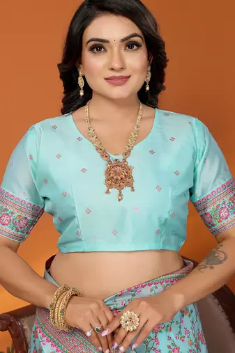 Sky blue pashmina silk meenakari weaving madhubani design kashmiri saree