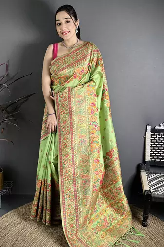 Light green pashmina silk meenakari weaving madhubani design kashmiri saree